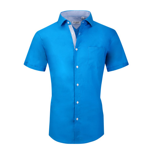 Mens Dress Shirts Cotton Spandex Regullar Fit Short Sleeve Shirt Roayl Blue