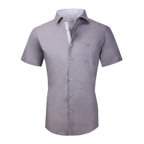 Mens Dress Shirts Cotton Spandex Regullar Fit Short Sleeve Shirt Grey