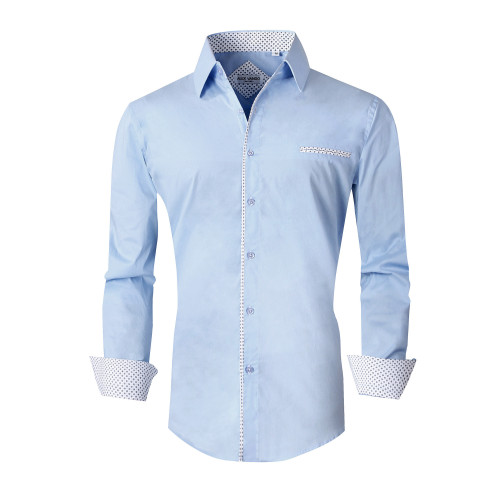 Mens Dress Shirts Cotton Spandex Regular Fit Fashion Long Sleeve Shirt Blue