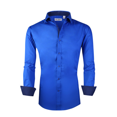 Mens Dress Shirts Cotton Spandex Casual Regular Fit Long Sleeve Shirt Royal Blue