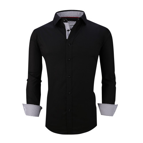 Mens Dress Shirts Cotton Spandex Casual Regular Fit Long Sleeve Shirt L19-Black