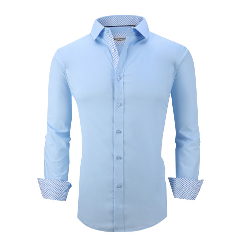 Mens Dress Shirts Cotton Spandex Casual Regular Fit Long Sleeve Shirt L19-Blue