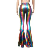 Women Rainbow Holographic High Waist Wide Bell Bottoms Pants Leggings Rave Festival Bottoms