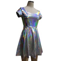 Summer Silver Holographic Skater Dress Women Music Festival Rave Dress Clothes Outfits Vintage Boho Dresses Cute Dress