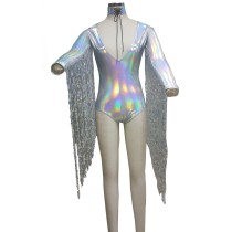 Boho Hippie Festival Rave Holographic Sequin Fringe Bodysuit Jumpsuit