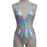 Rave Outfits  Silver Holographic Women Multi Way Wrap Bodysuit