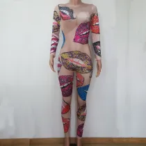 Drag Queen Costume Lips Tattoo Print Jupmsuit Singer Dancer Stage Performance Wear