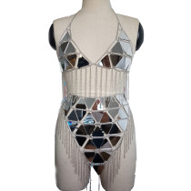 Burning Man Costumes Holographic Mirror Fringe Rave Crop Top Skirt Outfits Burning Man Festival Clothings Gear Sexy Body Chain