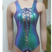 Holographic Iridescent Green Women burning man laced up Bodysuit