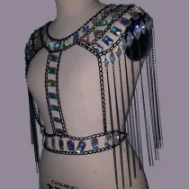 Hadmade Bruning man Costumes Wear Holographic Fringe Body Chain Festival Rave Gear Clothing Summer Beach Top