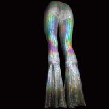 Rave Festival Iridescent Holographic Snake Skin High Waist Wide Leg Pant Bell Bottoms Pants Leggings