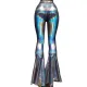 Rave Festival Iridescent Black Holographic High Waist Wide Leg Pant Bell Bottoms Pants Leggings