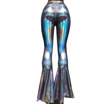 Rave Festival Iridescent Black Holographic High Waist Wide Leg Pant Bell Bottoms Pants Leggings