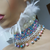 Handmade Holographic Costumes Burning Man Festival Rave Mermaid Pearl Feather Choker Necklace Collar