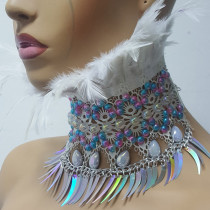 Handmade Holographic Costumes Burning Man Festival Rave Feather Choker Necklace Collar