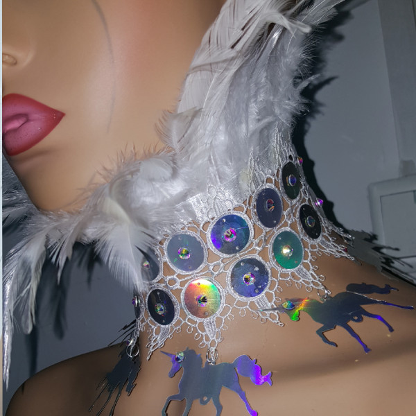 Handmade Holographic Costumes Burning Man Festival Rave Unicorn Feather Choker Necklace Collar