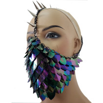 Handmade Burning Man Rave Costumes Streampunk Gothic Halloween Holographic Spike Iridescent Dragon Scale Chain Mask Cosplay Festival Clothes Outfits