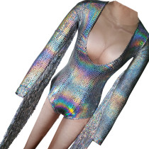 Burning man Festival Rave Outfits Dance Bodysuit Holographic Snake Skin Sequin Fringe Jumpsuit