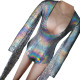 Burning man Festival Rave Outfits Dance Bodysuit Holographic Snake Skin Sequin Fringe Jumpsuit