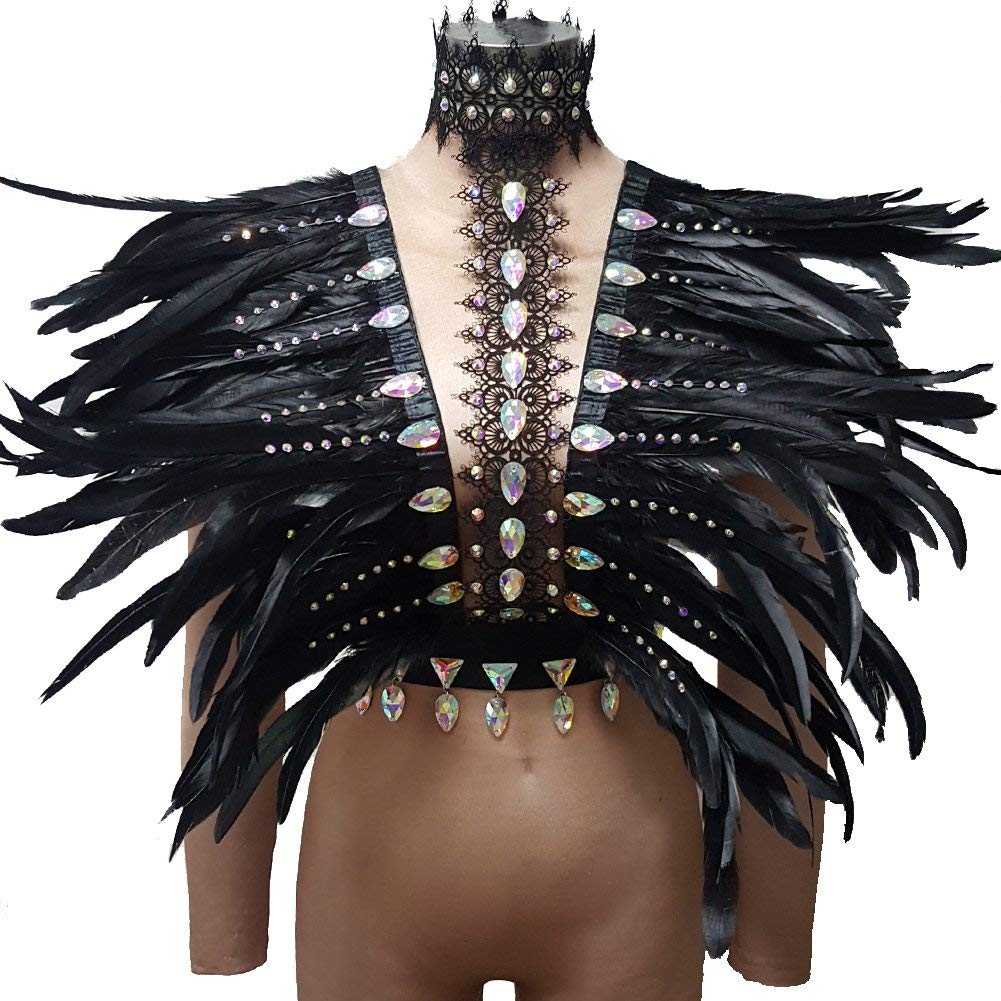 pinda Gothic Festival Carnvial Rave Black Holographic Burning Man Feather Chocker Bodysuit Drag Queen Costumes 