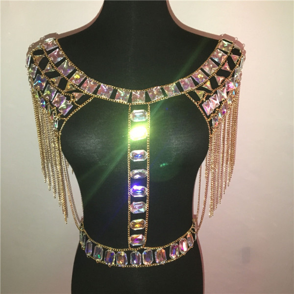 burning man rave festival outfits sexy tassel metal chain tank top women  crystal sequined short party club wear crop top