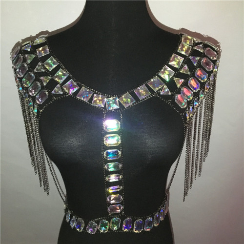 US$ 42.00 - burning man rave festival outfits sexy tassel metal chain tank top  women crystal sequined short party club wear crop top - m.