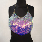 Burning Man Rave Festival Clothes Sexy Holographic Iridescent Halter Scales Sequin Crop Top Women Beach Backless Nightclub Party High Quality Boho Handcrafted Short Tops