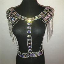 burning man rave festival outfits sexy tassel metal chain tank top women luxurt crystal sequined short party club wear crop top