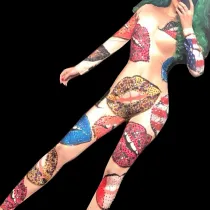 Sexy Big Lips Nude Print Rhinestone Bodysuit Jumpsuit Drag Queen Singer Stage