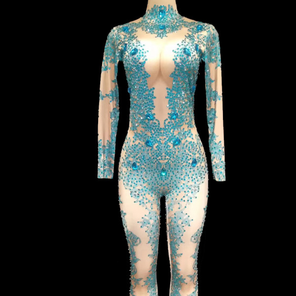 Blue Rhinestone Bodysuit Carnival Dance Costume Sparkly Rompers Women Outfit Birthday Party Wear