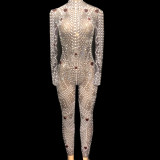 See Through Mesh Full Pearl Crystals Jumpsuit Rhinestone Bodysuit Drag Queen Costumes Women Outfit Birthday Party Wear