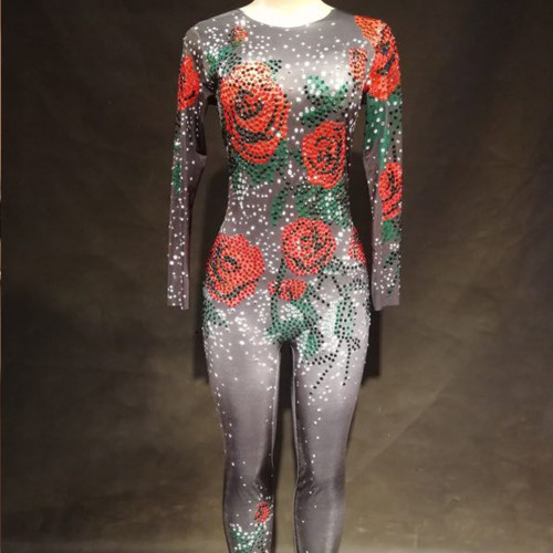 Us 130 Drag Queen Costumes Sexy Red Rose Rhinestone Bodysuit