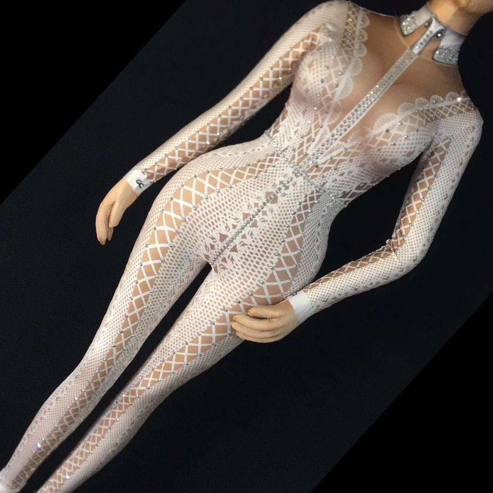 White Sexy Lace Rhinestones Jumpsuit Woman Singer Stage Bodysuit Costume  Party Celebrate Unitard Glisten Stones Outfit Baileisi