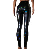 Rave Festival Iridescent Holographic Black Latex PVC Festish High Waist Pant Bell Bottoms Yoga Pants Leggings