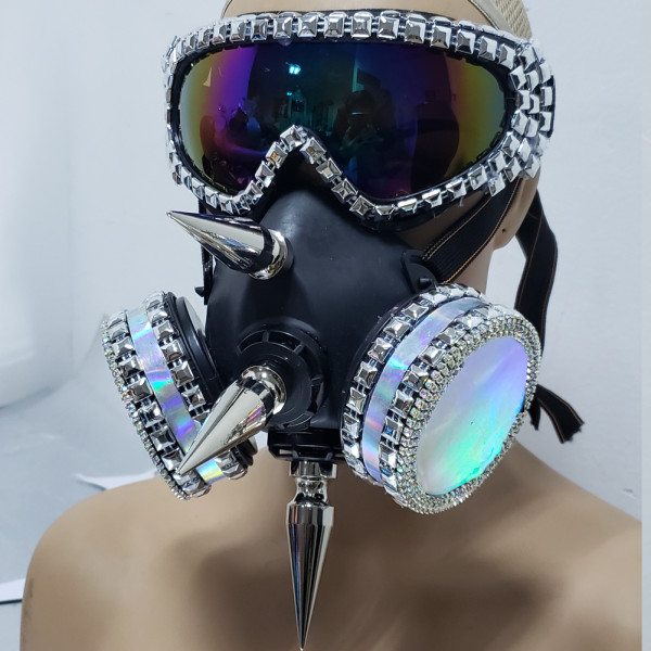 Holographic Burning Man Studded Spike Streampunk Gas Face Mask Dancer Costumes Show Festival Rave Outfits Gear Halloween Masquerade