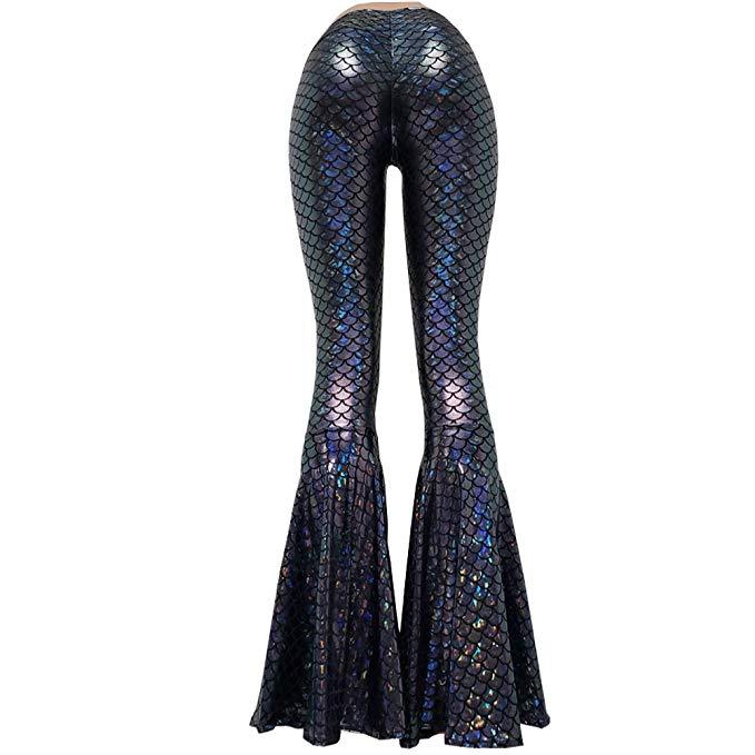 US 32 Black Holographic Glitter Iridescent Mermaid High Waisted Wide