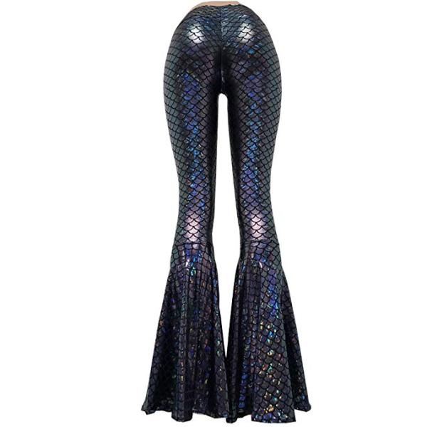 Black Holographic Glitter Iridescent Mermaid High Waisted Wide Leg Flare Yoga Bell Bottoms Pants Leggings