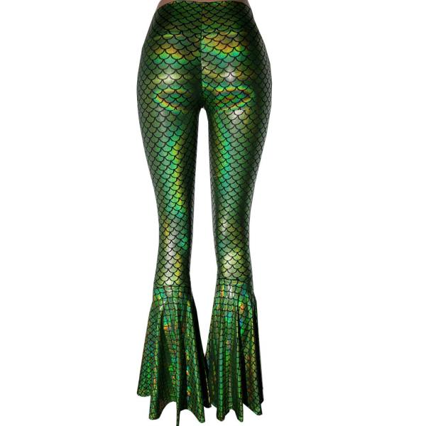 Holographic Green Iridescent Mermaid Scale Party High Waisted Wide Leg Yoga Bell Bottom Pants Leggings