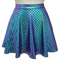 Rave Bottoms Outfits Iridescent Green Mermaid Party Supplies Holographic High Waisted Flare Skater Skirt