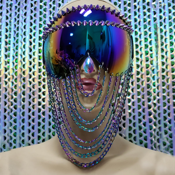 Burning Man Rave Festival Holographic Iridescent Goggles Chain Mask Headpiece Head Dress