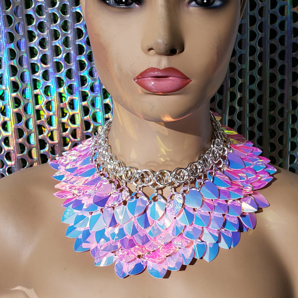Burning Man Pink Holographic ScaleMaille Gorget Choker Dragonscale Iridescent Necklace Armour Gothic Cosplay