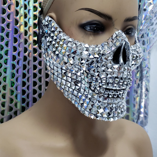 Burning Man Rave Costumes Streampunk Halloween Silver Studded Skull Mask Cosplay Festival Clothes Outfits