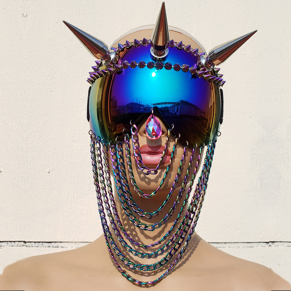 US$ 135.00 - Burning Man Rave Festival Holographic Iridescent Goggles Chain  Mask Headpiece Head Dress - m.