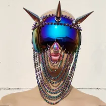 Burning Man Rave Festival Holographic Iridescent Goggles Chain Mask Headpiece Head Dress