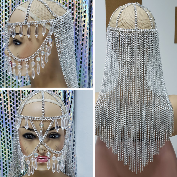 Burning Man Rave Festival Silver Chain Wigs Mask Headpiece Head Dress