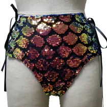 Sexy Summer Women Holographic Iridescent Mermaid Sequin Rave Hight Waisted Laced Up Shorts Bottoms
