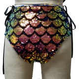 Sexy Summer Women Holographic Iridescent Mermaid Sequin Rave Hight Waisted Laced Up Shorts Bottoms