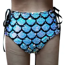 Sexy Summer Women Holographic Iridescent Mermaid Sequin Rave Hight Waisted Laced Up Shorts Bottoms
