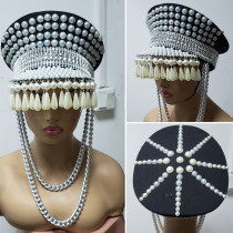 Burning Man Festival Bling Drop Pearl Fringe Hat officer Hat Military Captains Rave Bespoke Hat Costumes Gypsy Headpiece Headwear