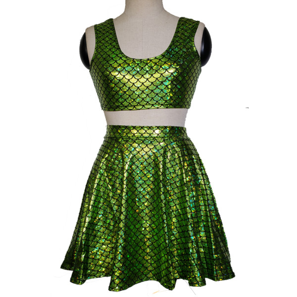 Summer Women Rave Festival Holographic Iridescent Green Mermaid Scale Top Skirt Cosplay